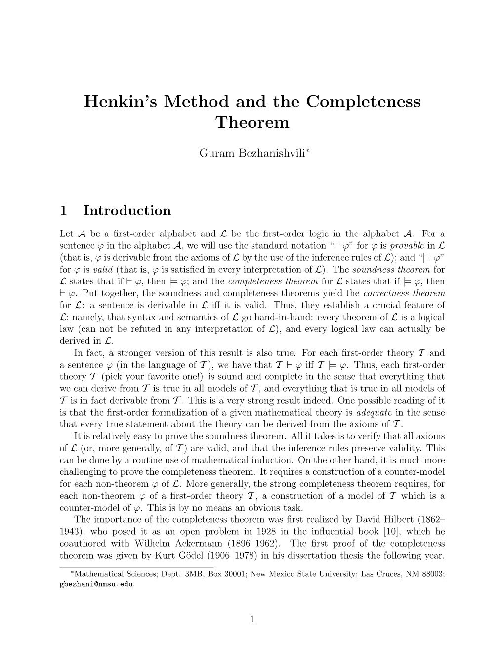 Henkin's Method and the Completeness Theorem