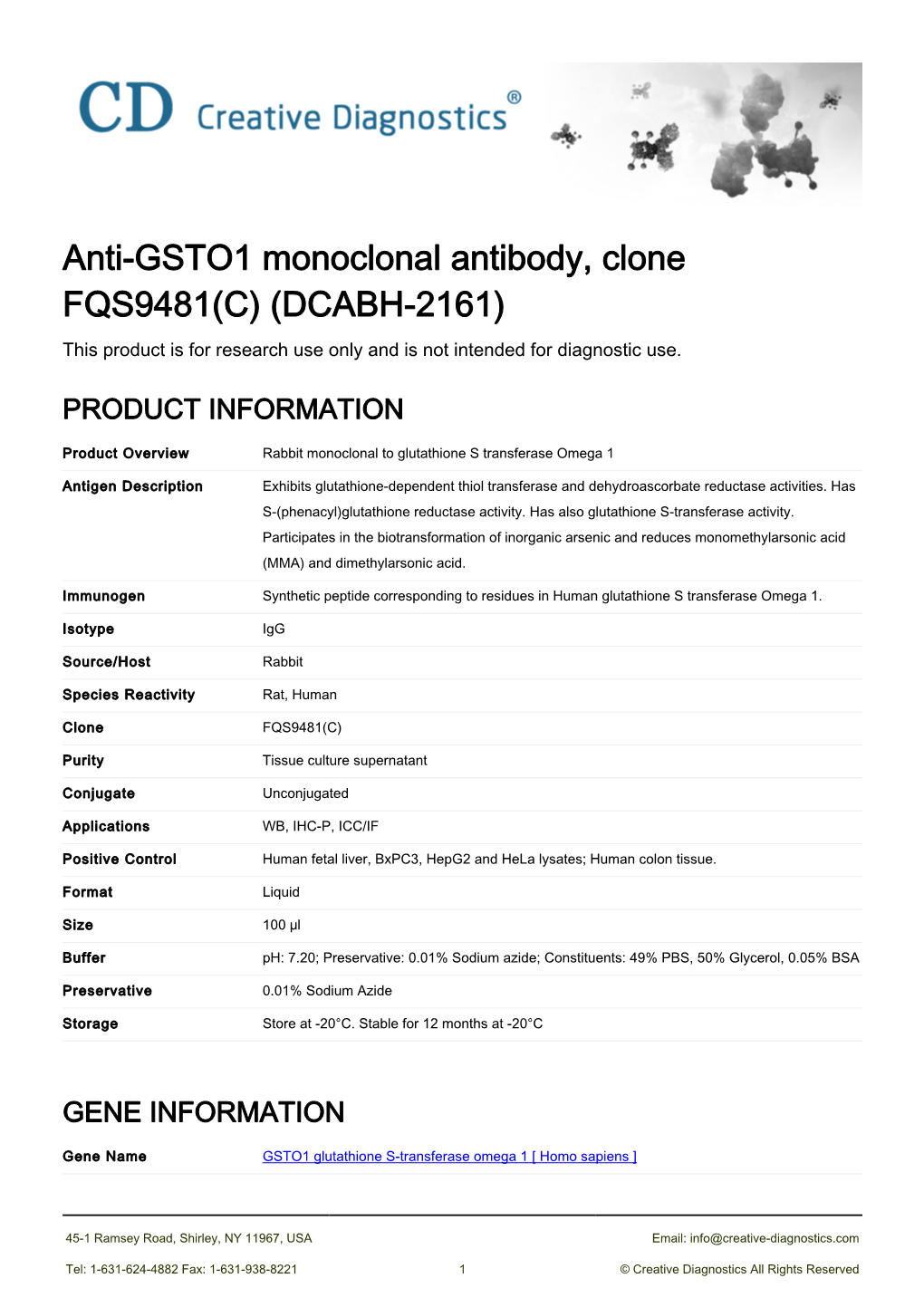 Anti-GSTO1 Monoclonal Antibody, Clone FQS9481(C) (DCABH-2161) This Product Is for Research Use Only and Is Not Intended for Diagnostic Use