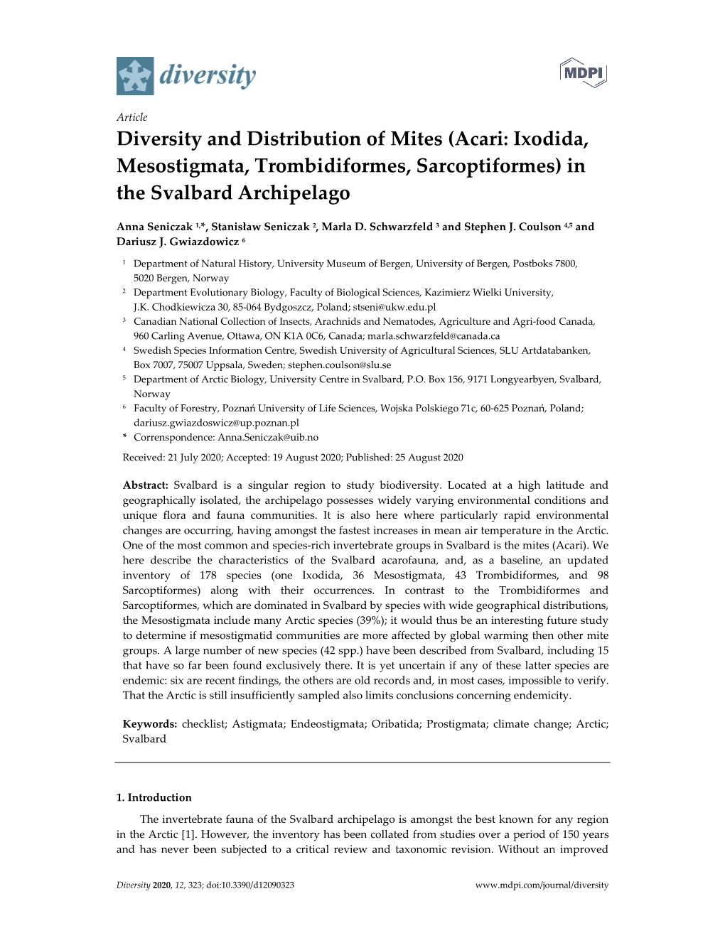 Diversity and Distribution of Mites (Acari: Ixodida, Mesostigmata, Trombidiformes, Sarcoptiformes) in the Svalbard Archipelago