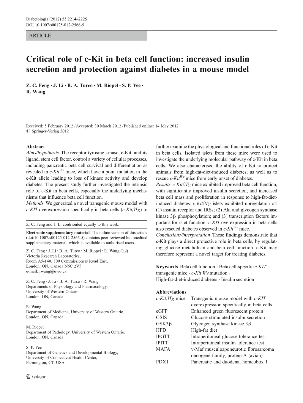 Critical Role of C-Kit in Beta Cell Function: Increased Insulin Secretion and Protection Against Diabetes in a Mouse Model