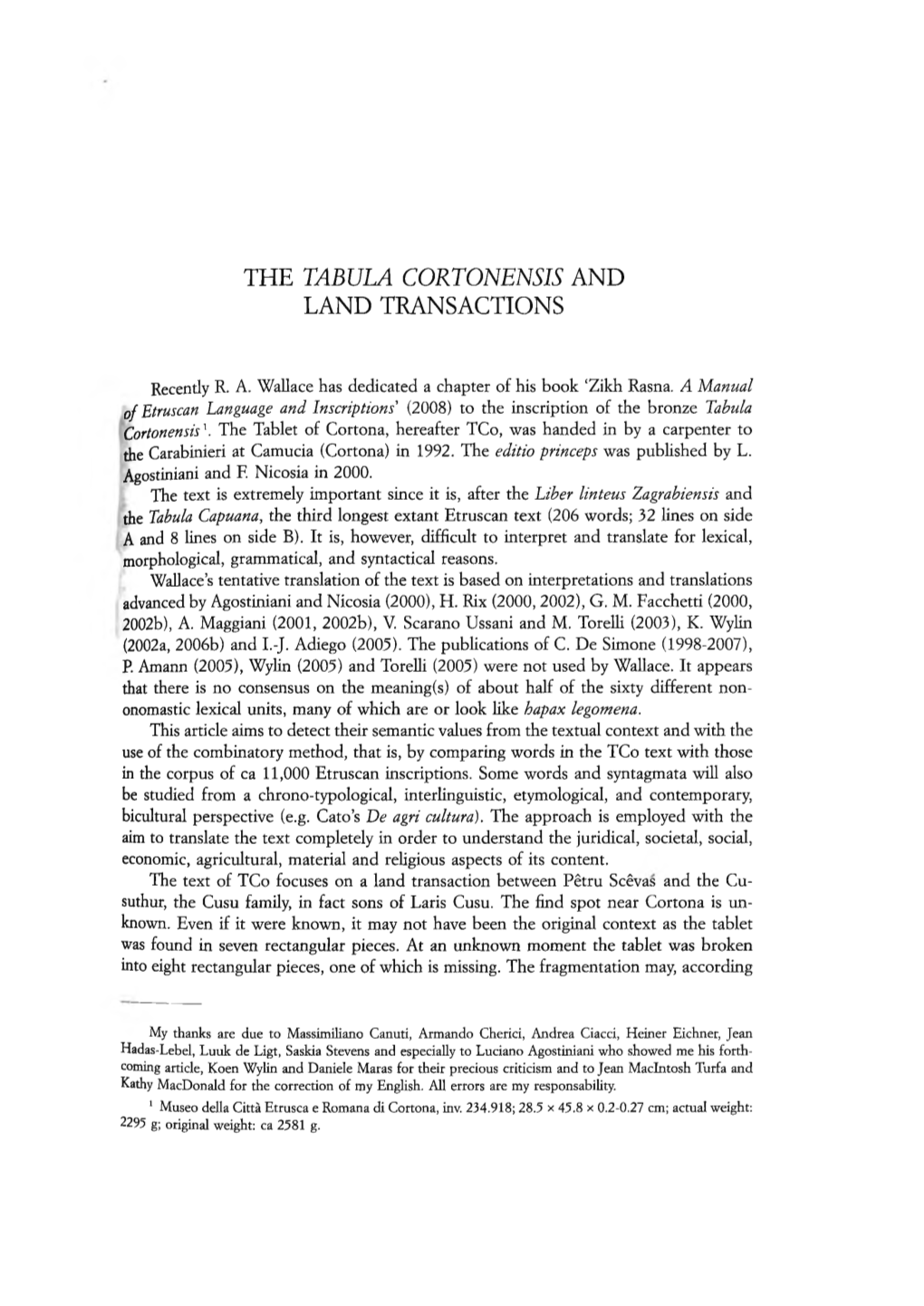 The Tabula Cortonensis and Land Transactions