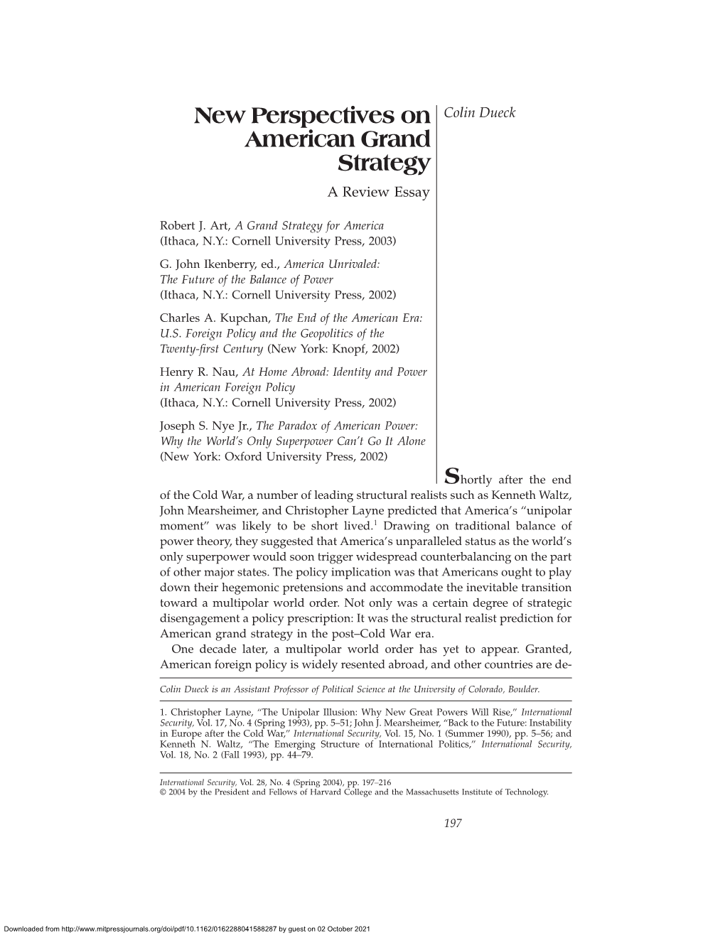 New Perspectives on American Grand Strategy New Perspectives on Colin Dueck American Grand Strategy a Review Essay