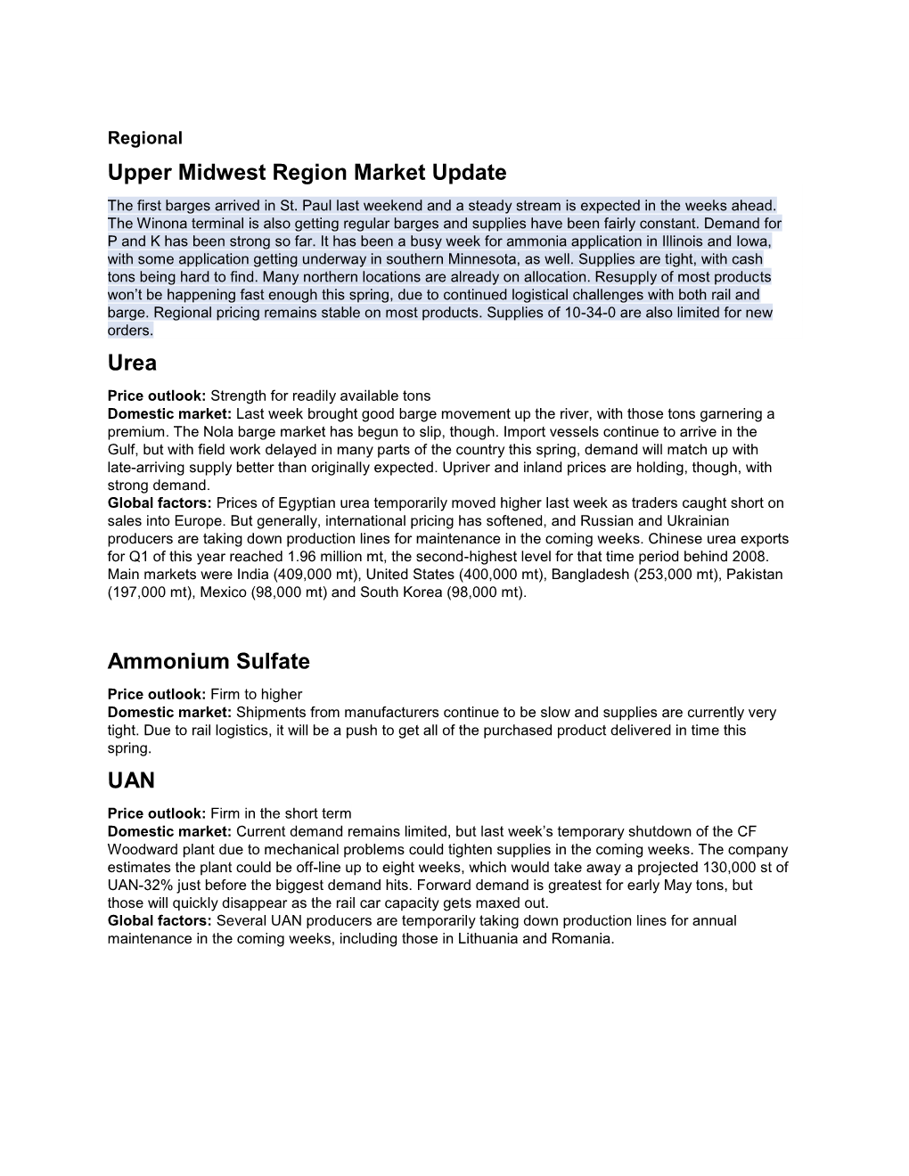 Upper Midwest Region Market Update Urea Ammonium