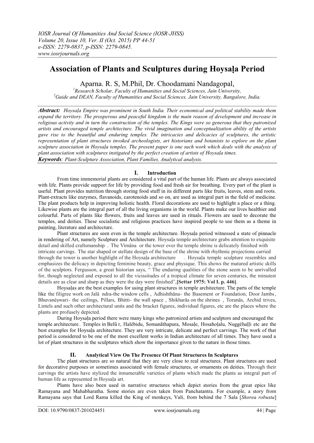 Association of Plants and Sculptures During Hoysaḷa Period