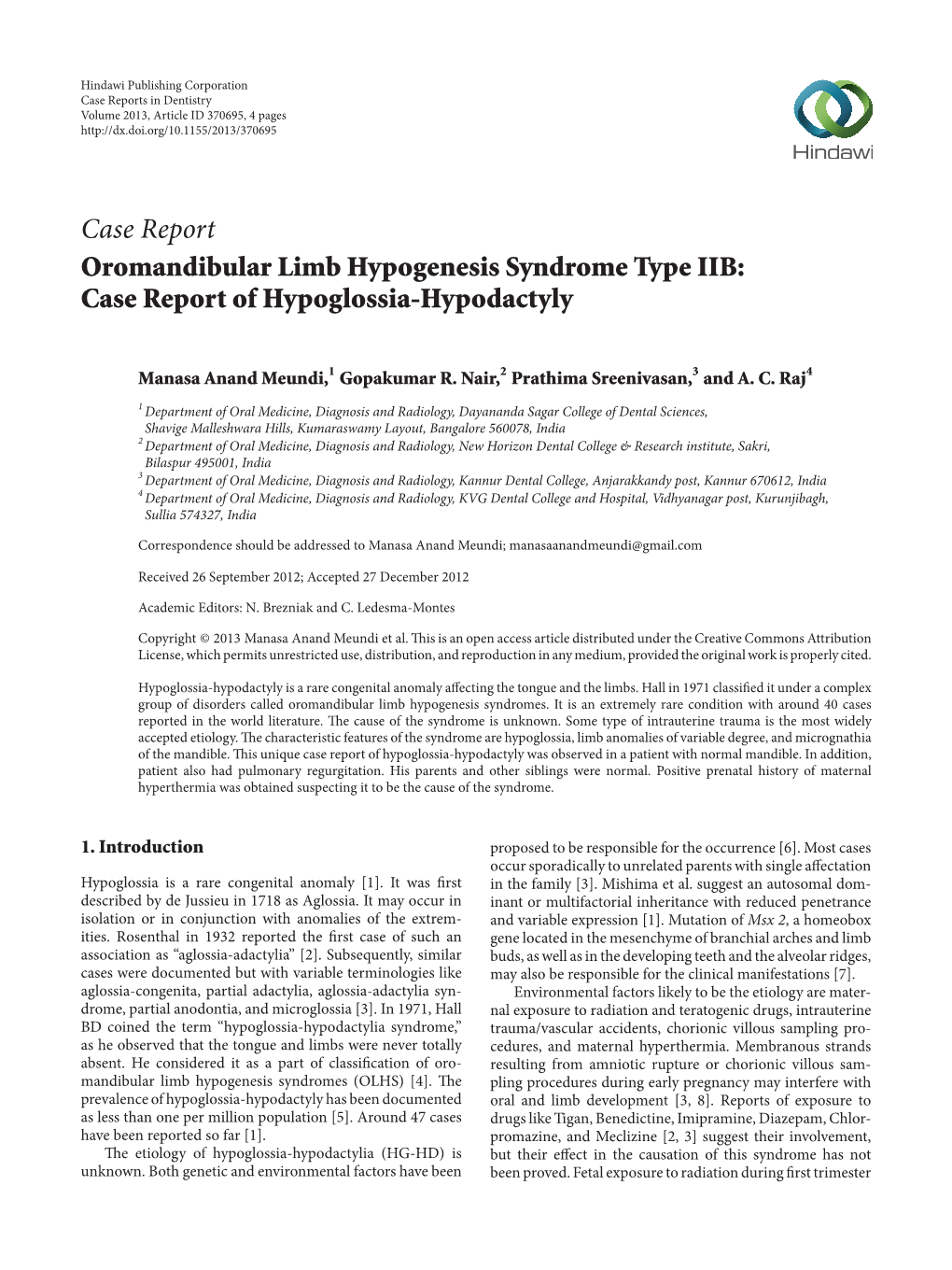 Oromandibular Limb Hypogenesis Syndrome Type IIB: Case Report of Hypoglossia-Hypodactyly