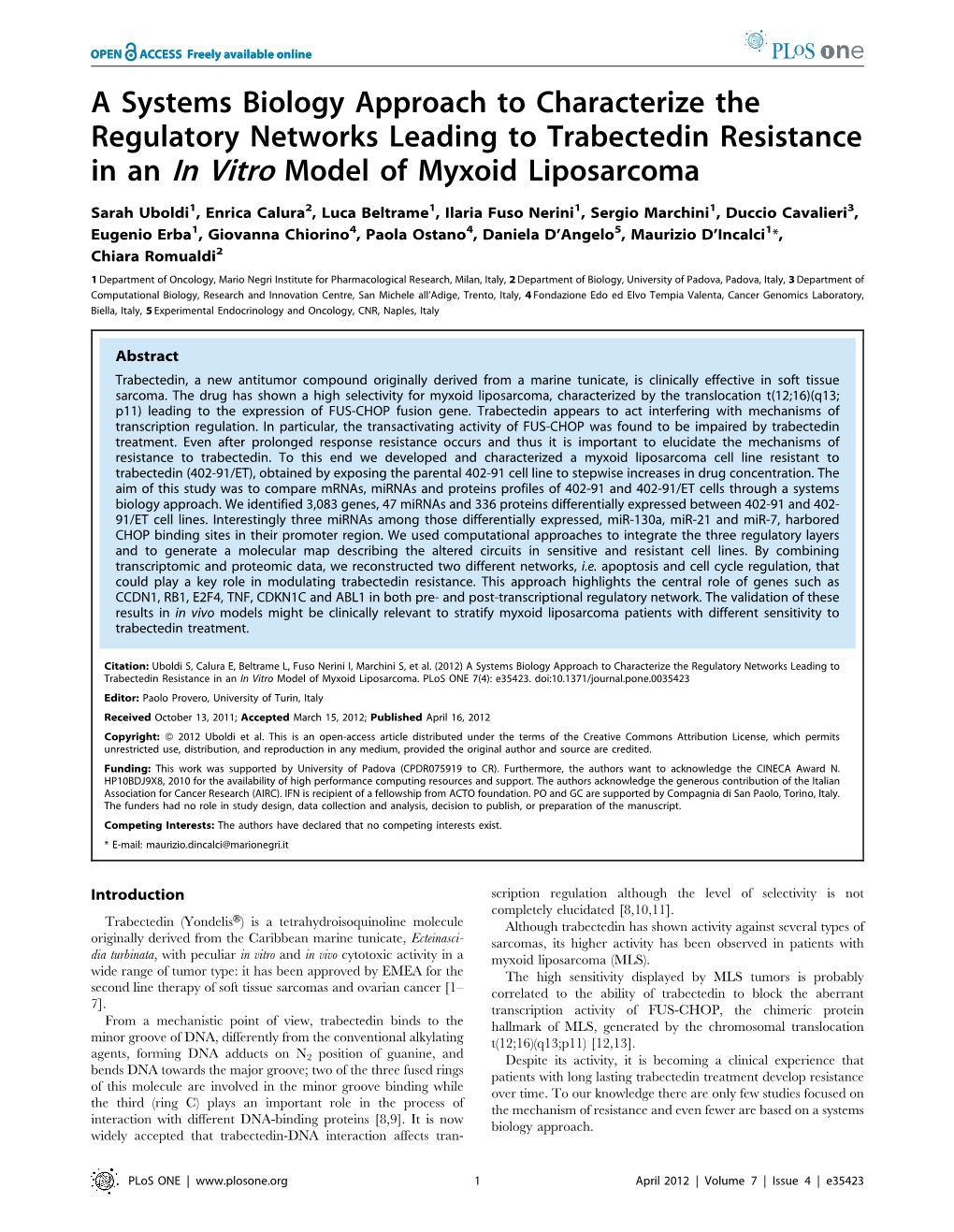 A Systems Biology Approach to Characterize the Regulatory Networks Leading to Trabectedin Resistance in an in Vitro Model of Myxoid Liposarcoma