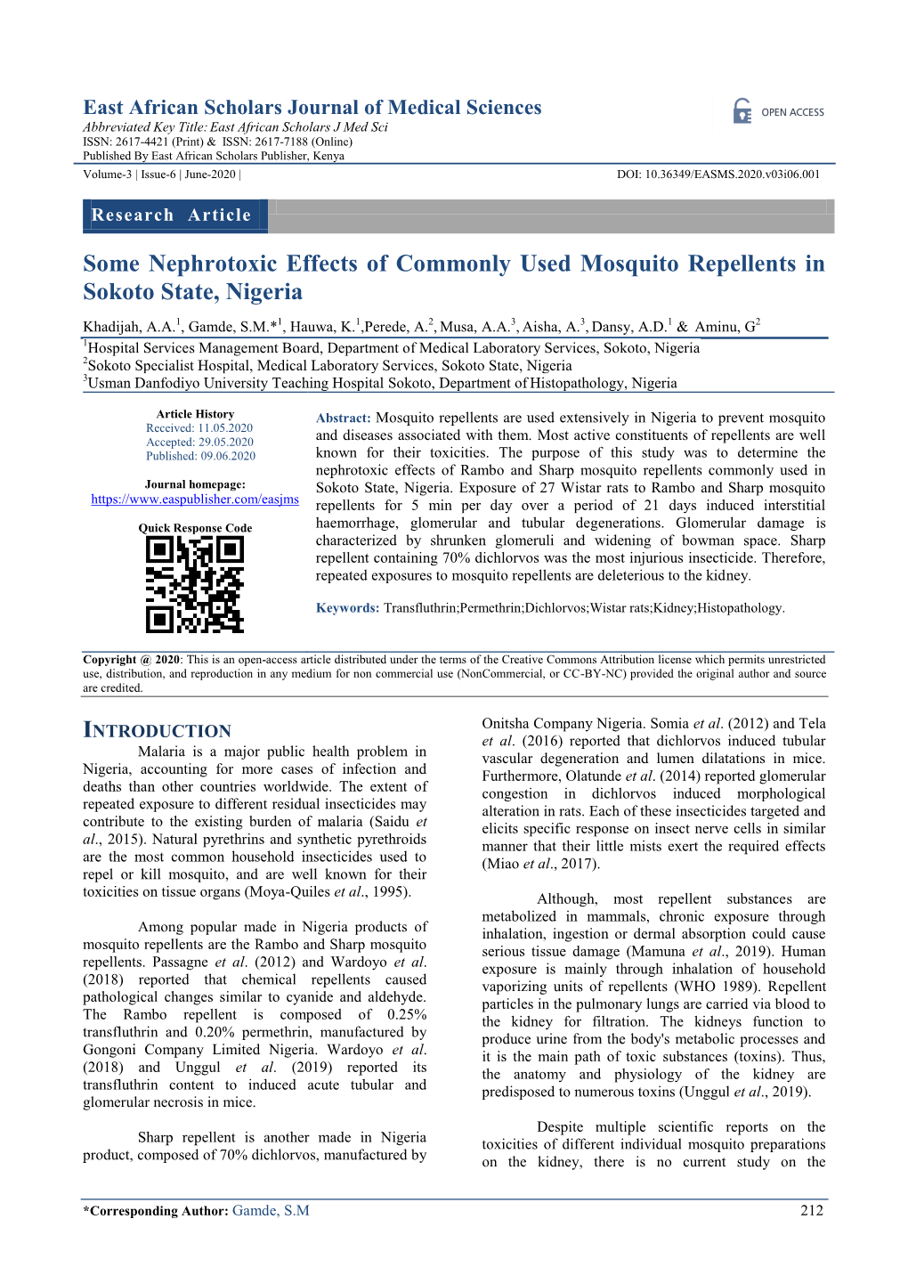 Some Nephrotoxic Effects of Commonly Used Mosquito Repellents in Sokoto State, Nigeria