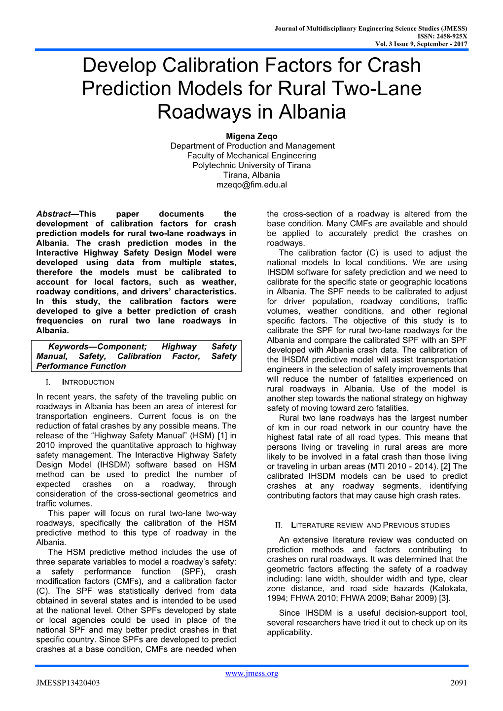 Develop Calibration Factors for Crash Prediction Models for Rural Two-Lane Roadways in Albania