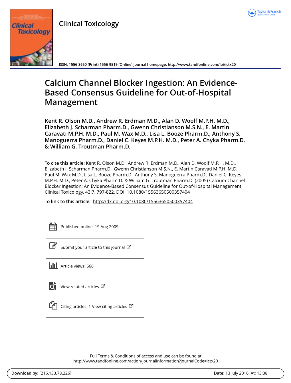 Calcium Channel Blocker Ingestion: an Evidence- Based Consensus Guideline for Out-Of-Hospital Management