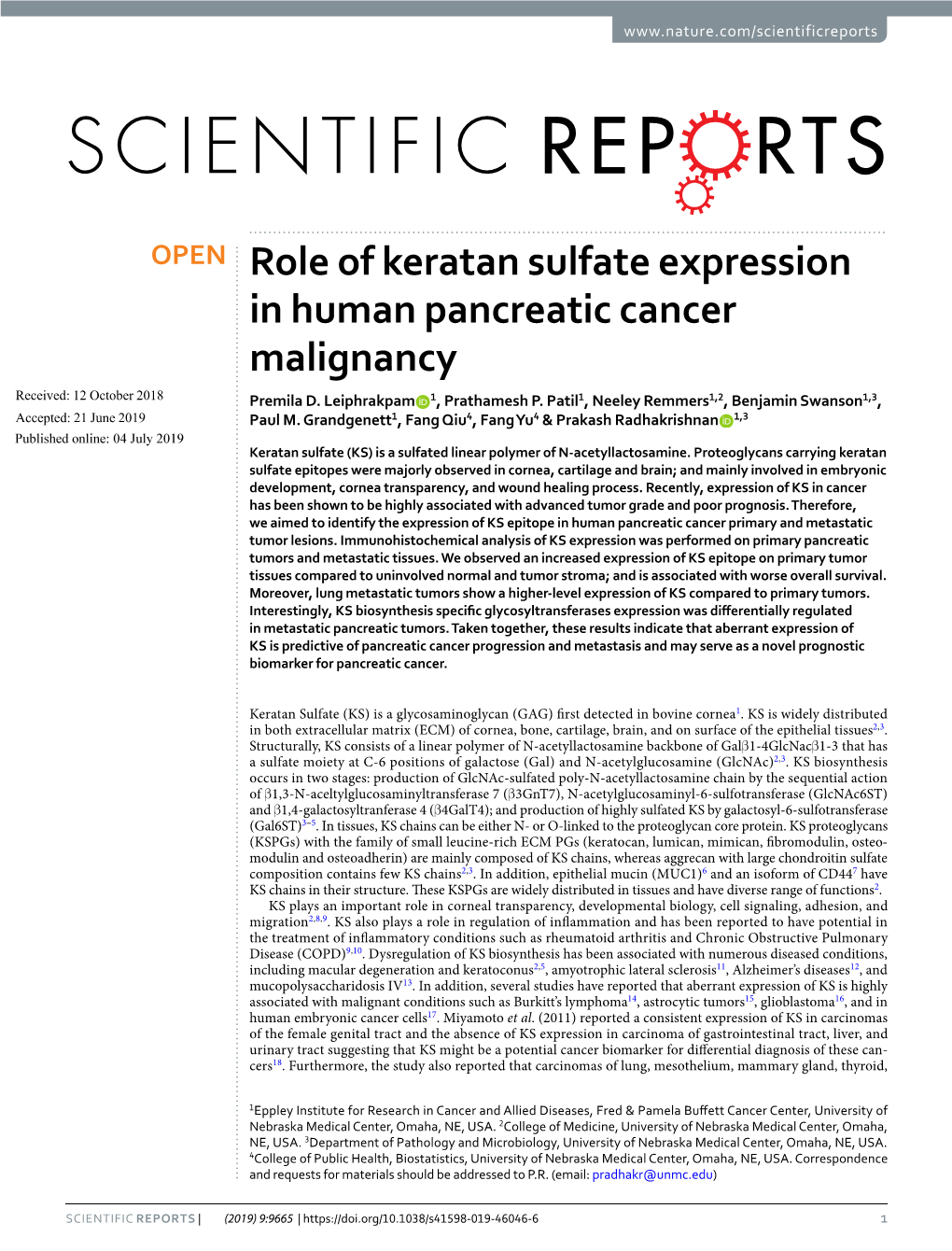 Role of Keratan Sulfate Expression in Human Pancreatic Cancer Malignancy Received: 12 October 2018 Premila D