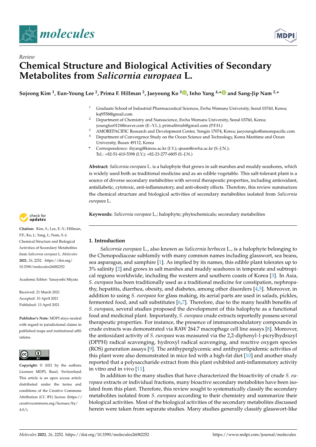 Chemical Structure and Biological Activities of Secondary Metabolites from Salicornia Europaea L