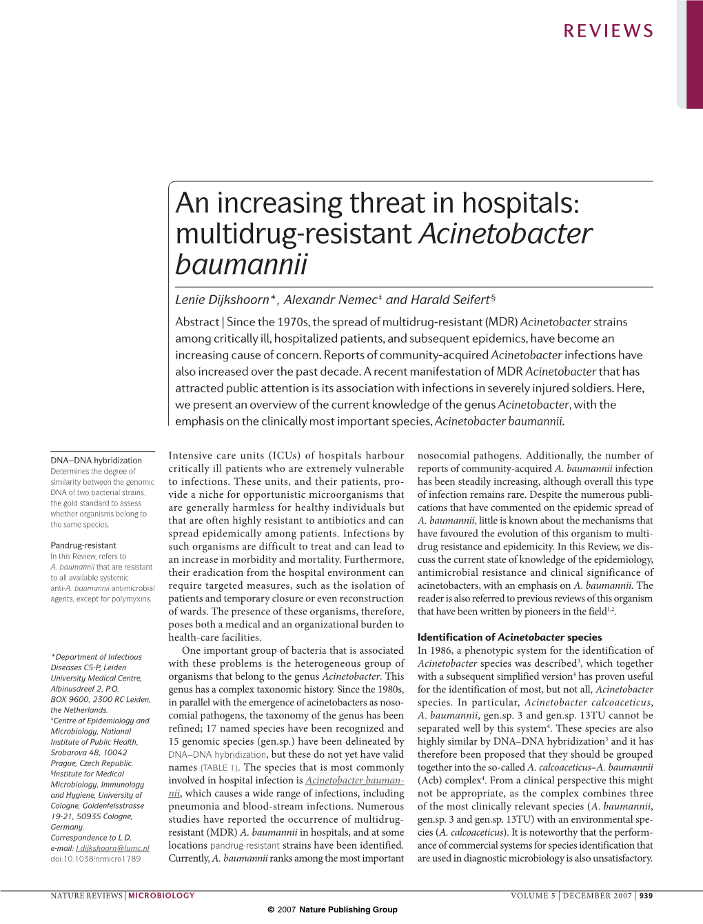 An Increasing Threat in Hospitals: Multidrug-Resistant Acinetobacter Baumannii