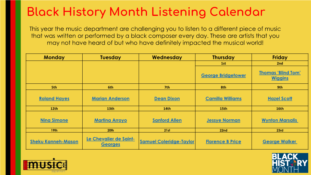 Black History Month Listening Calendar