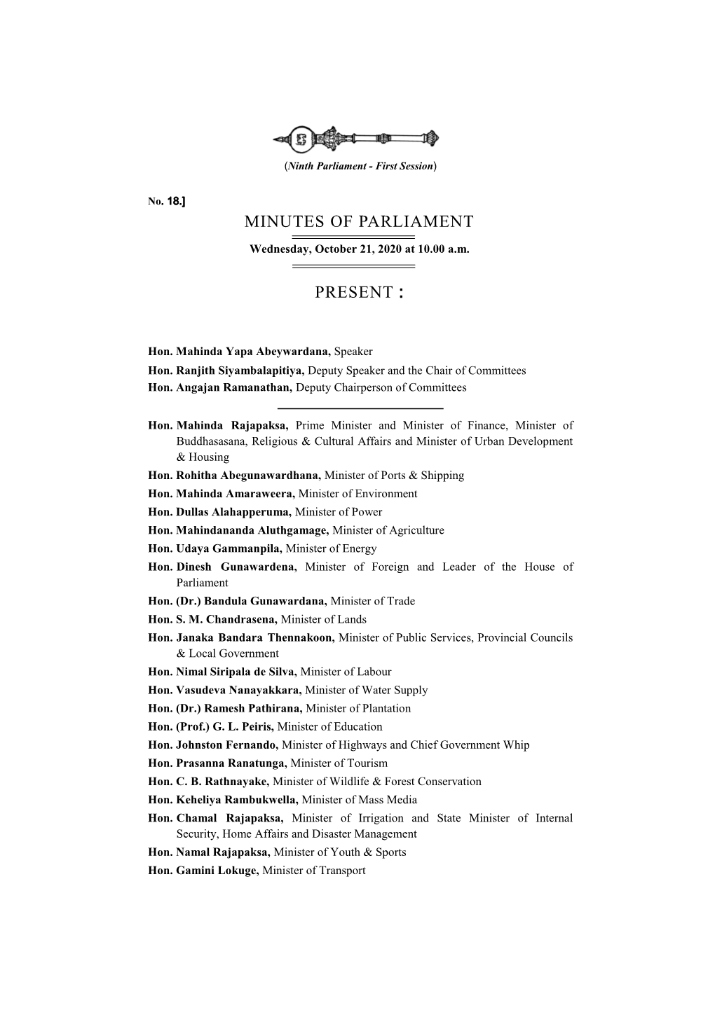 Minutes of Parliament Present