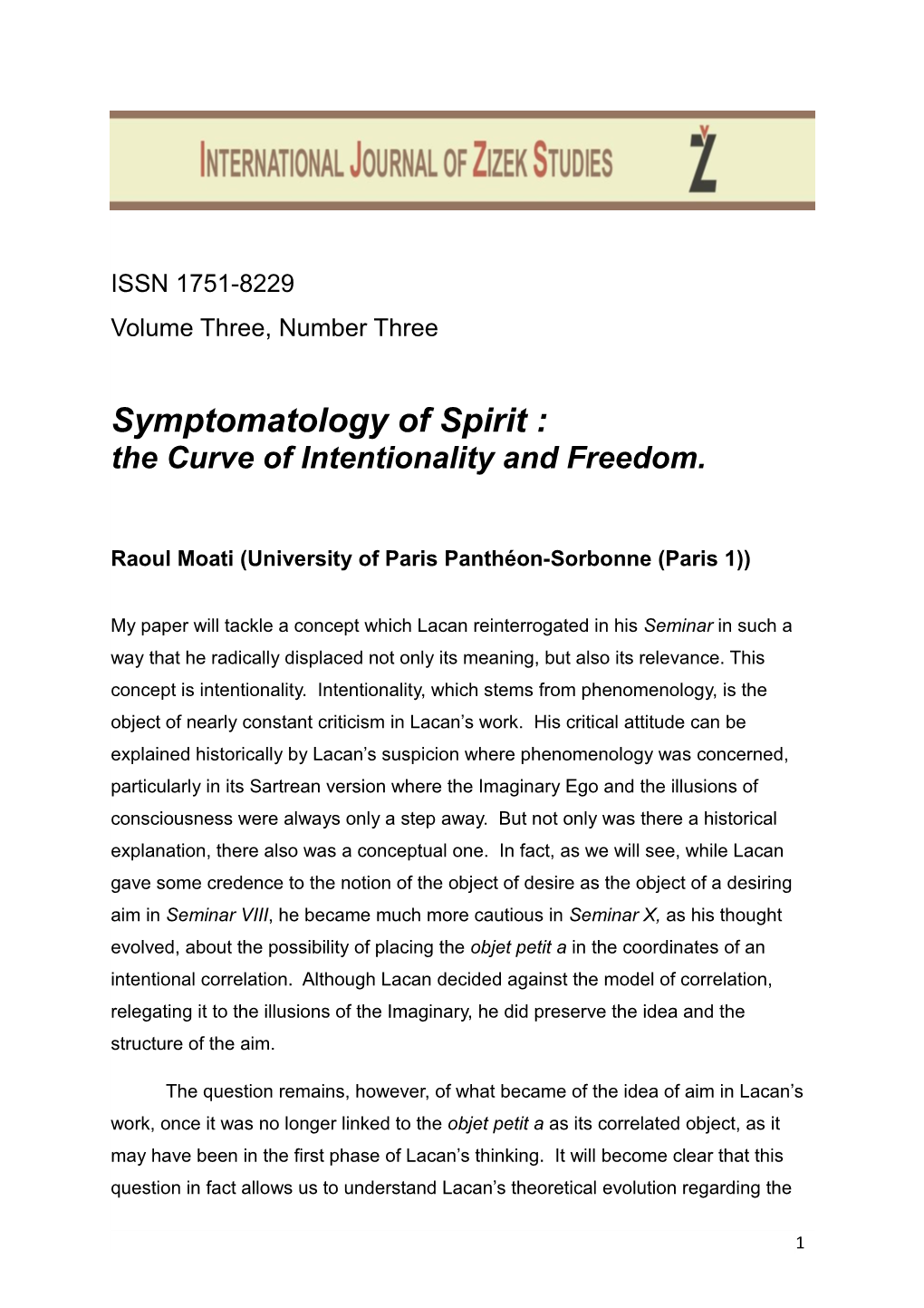 Symptomatology of Spirit : the Curve of Intentionality and Freedom