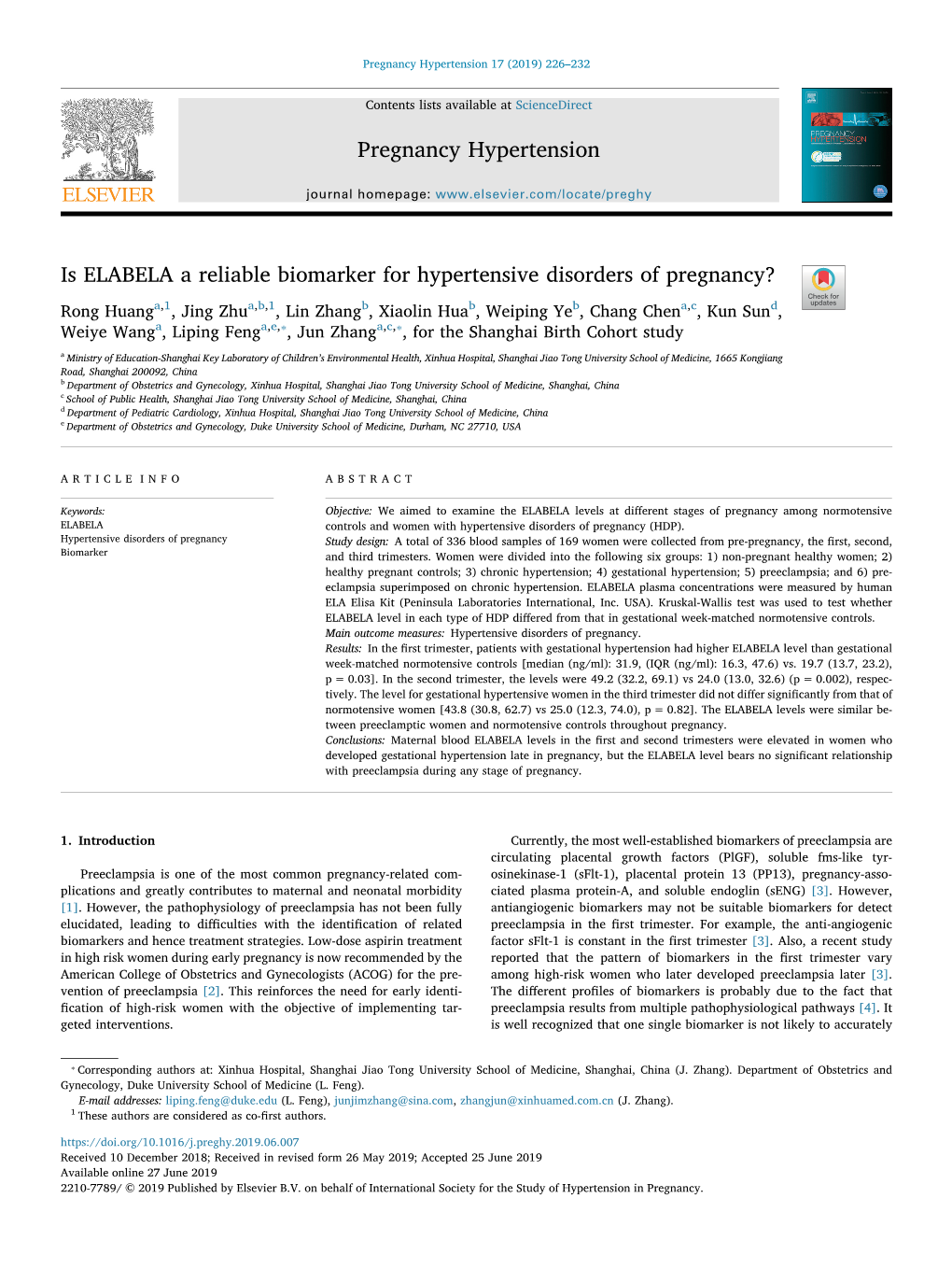 Is ELABELA a Reliable Biomarker for Hypertensive Disorders of Pregnancy?