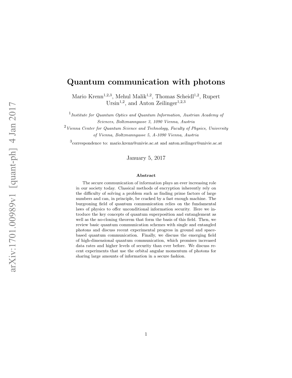 Quantum Communication with Photons