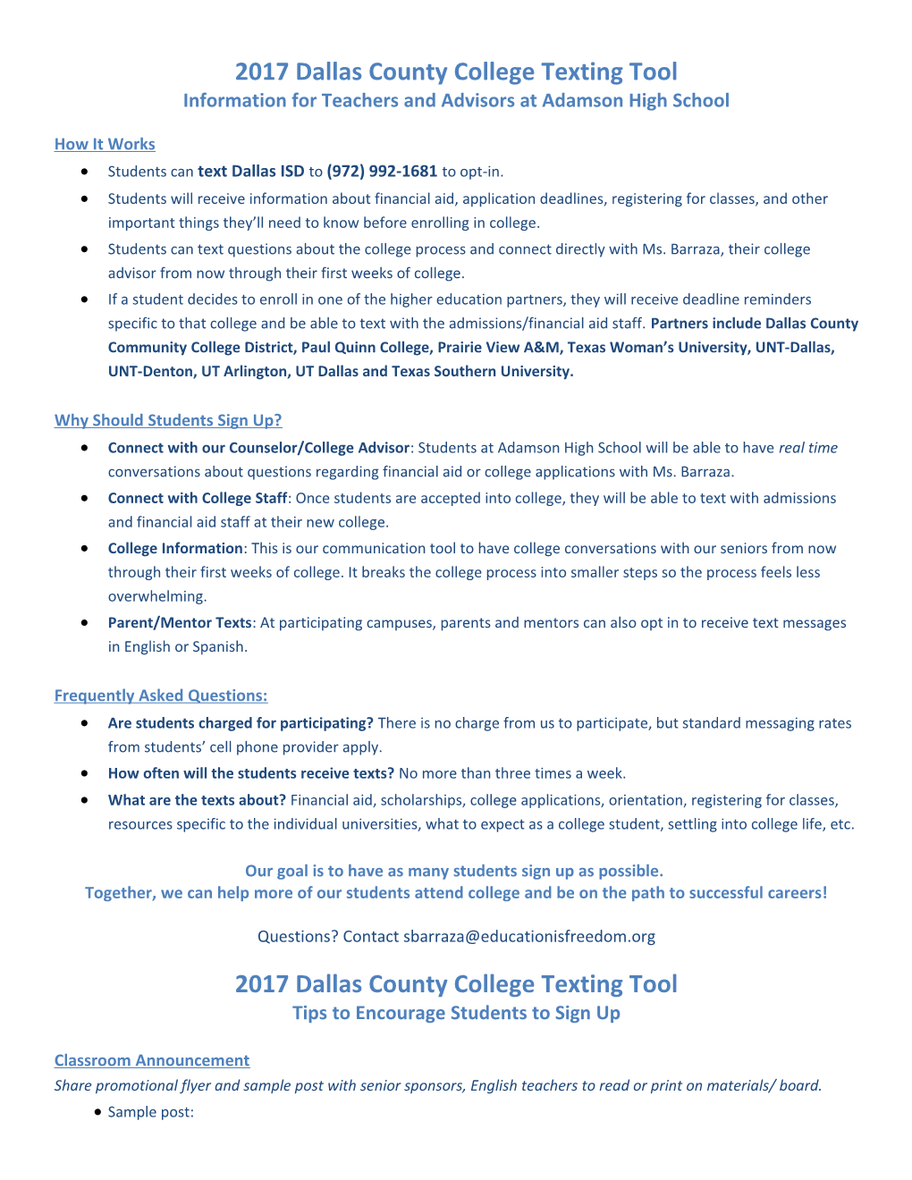 2017 Dallas County College Texting Tool