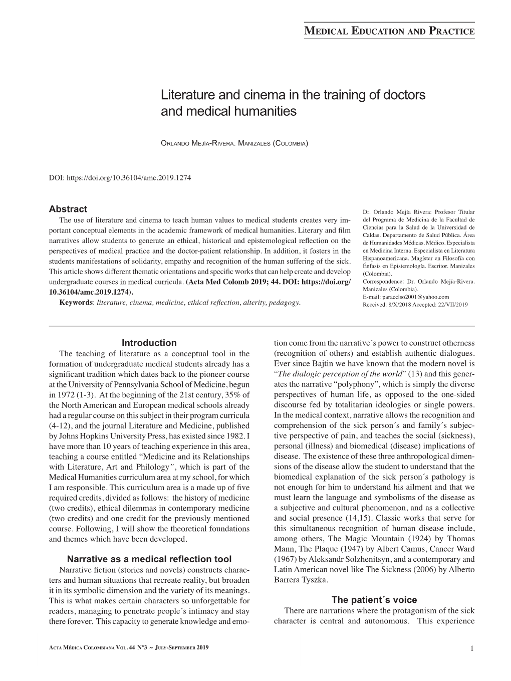 Literature and Cinema in the Training of Doctors and Medical Humanities