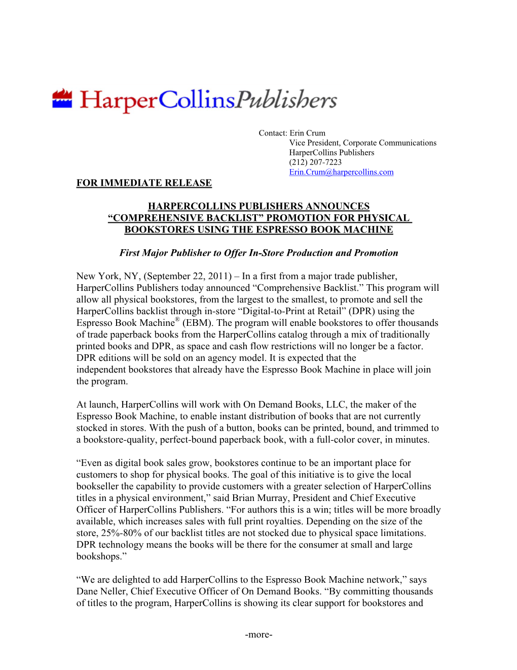 Harpercollins Titles Now Available on Espresso Book Machine Network