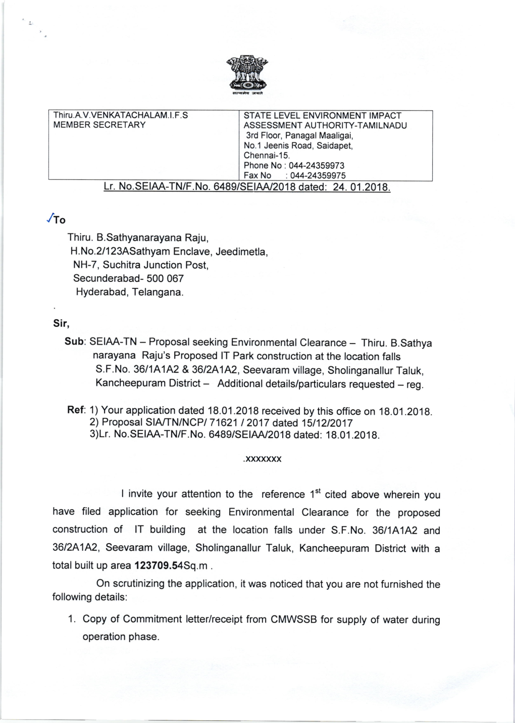 Construction of Lt Building at the Location Falls Under S.F.No. 36/14142 and 36124142, Seevaram Village, Sholinganallur Taluk, Kancheepuram District with A