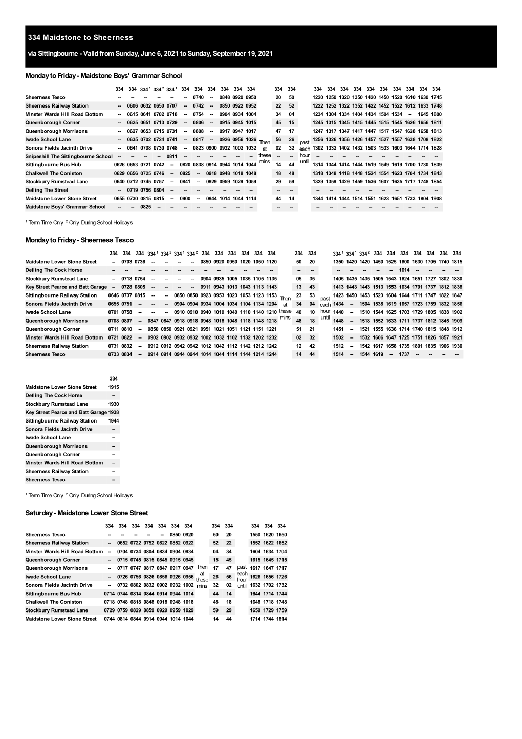 334 Maidstone to Sheerness Via Sittingbourne - Valid from Sunday, June 6, 2021 to Sunday, September 19, 2021