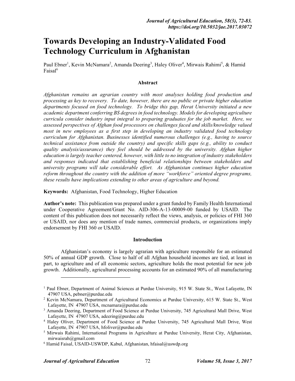 Towards Developing an Industry-Validated Food Technology Curriculum in Afghanistan