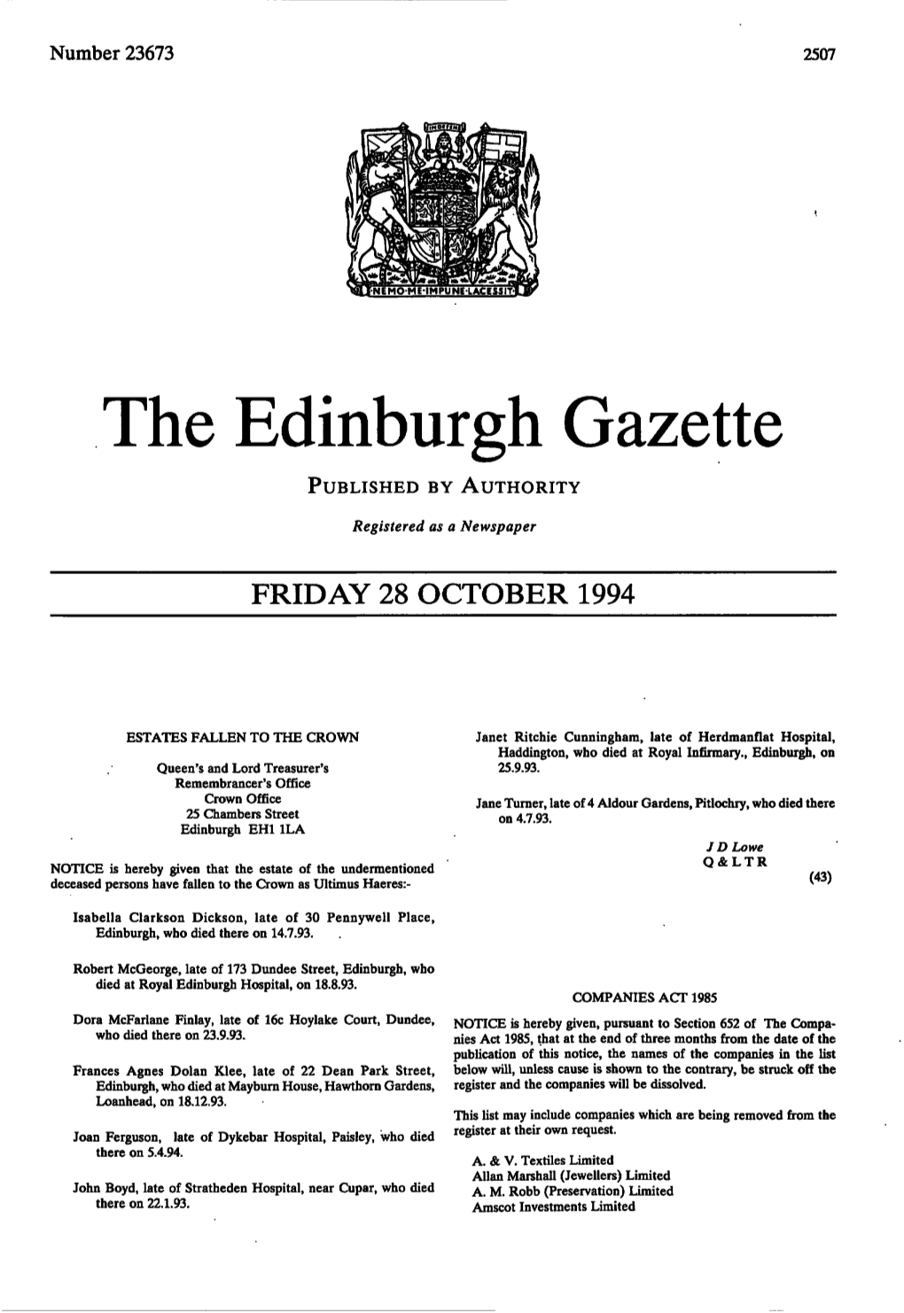 The Edinburgh Gazette PUBLISHED by AUTHORITY