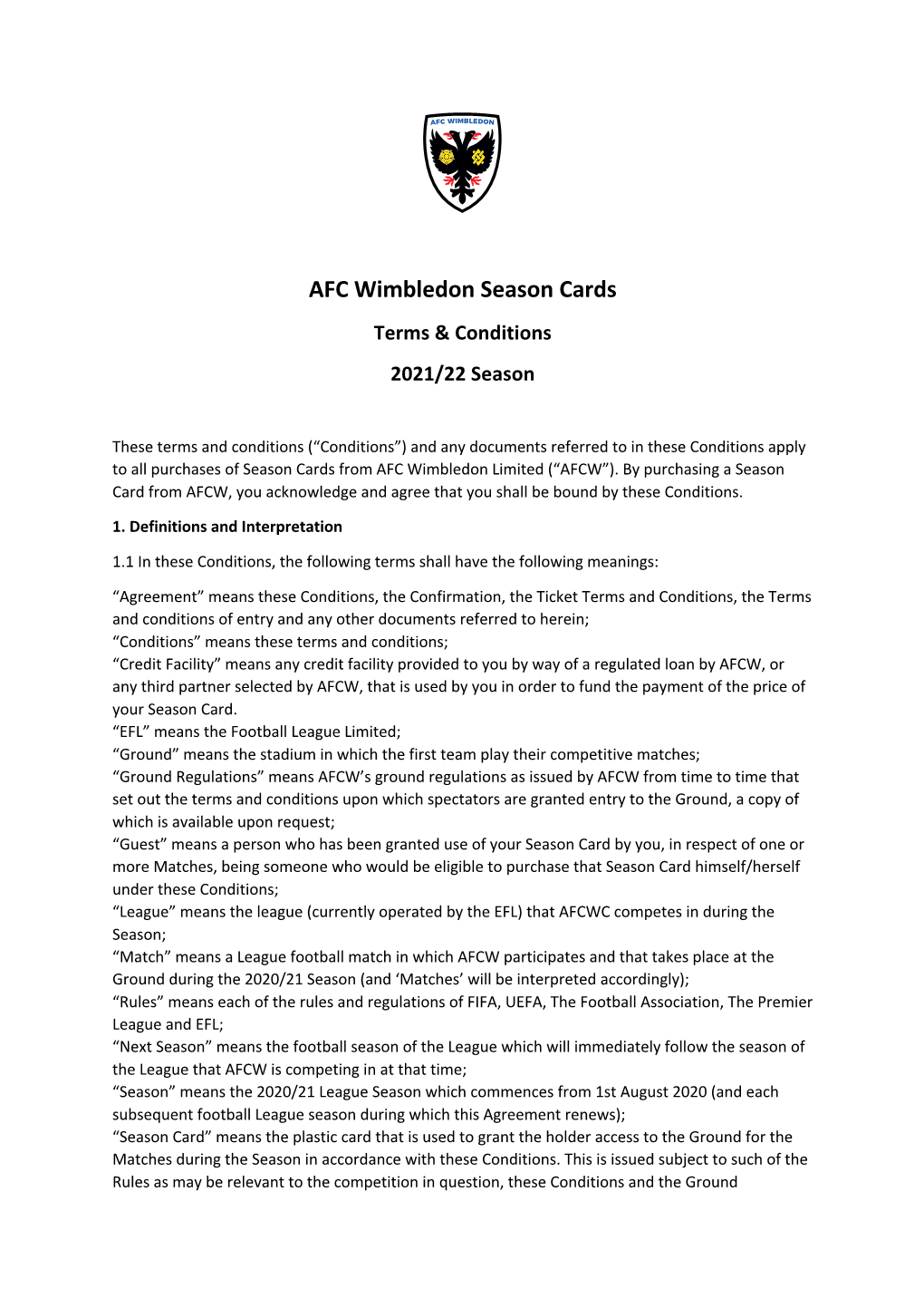 AFC Wimbledon Season Cards Terms & Conditions 2021/22 Season