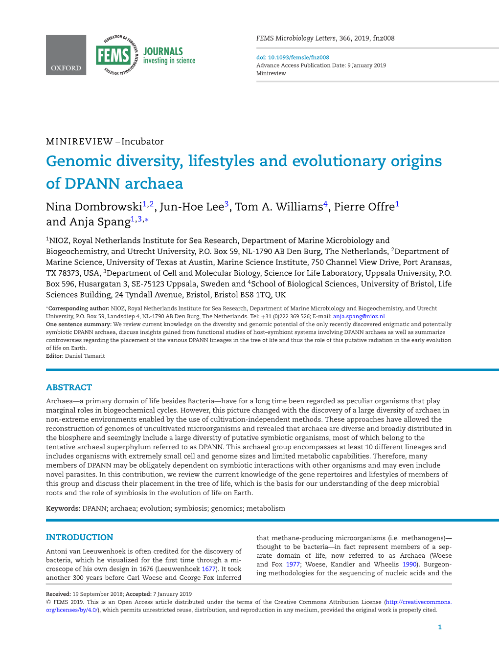 Genomic Diversity, Lifestyles and Evolutionary Origins of DPANN Archaea Nina Dombrowski1,2, Jun-Hoe Lee3, Tom A