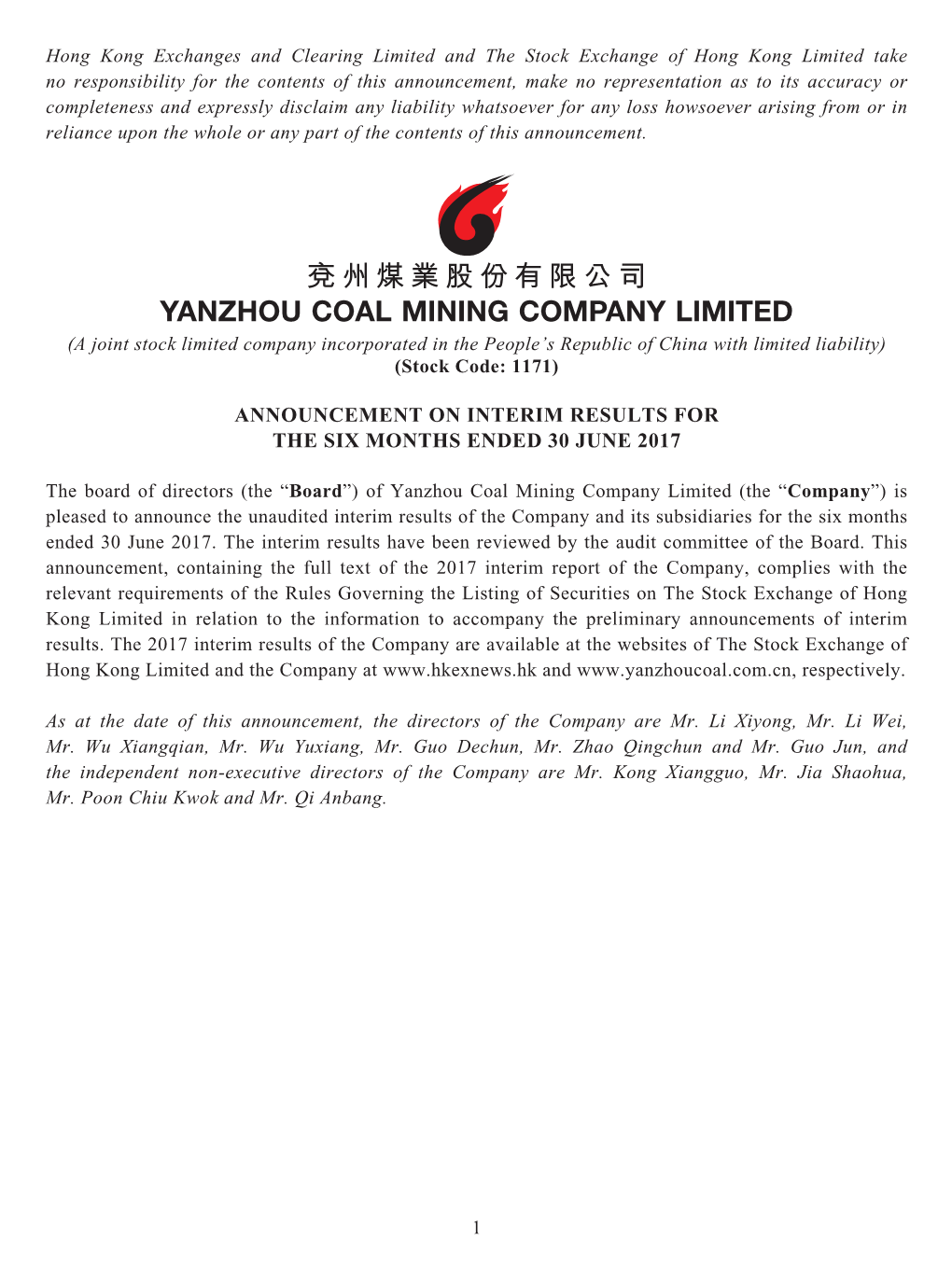 兗州煤業股份有限公司 Yanzhou Coal Mining Company Limited