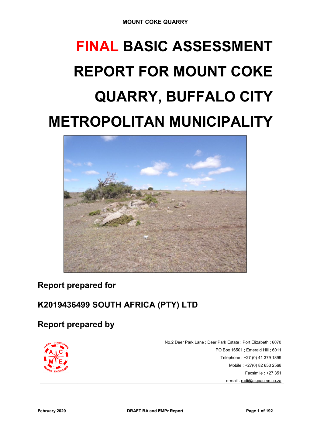 Final Basic Assessment Report for Mount Coke Quarry, Buffalo City Metropolitan Municipality