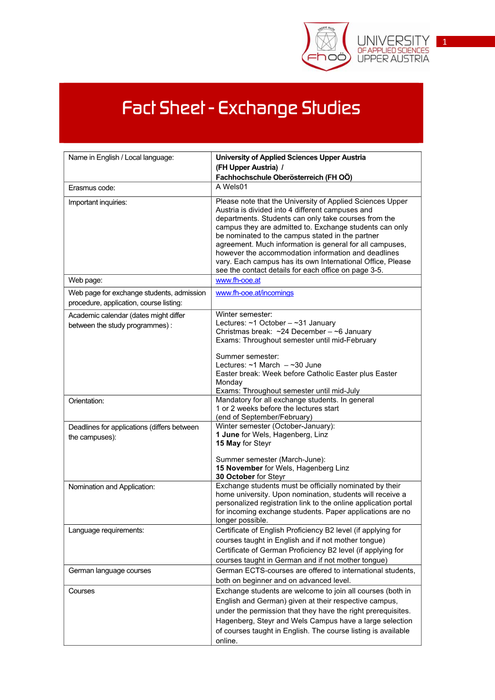 Fact Sheet - Exchange Studies