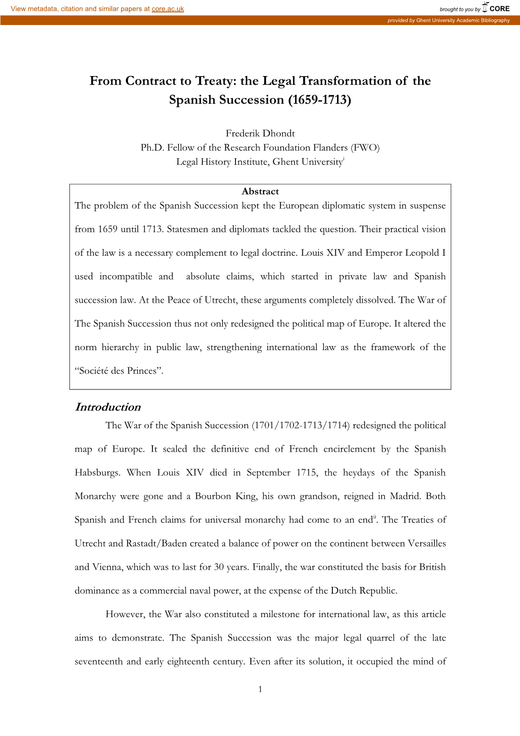 From Contract to Treaty: the Legal Transformation of the Spanish Succession (1659-1713)