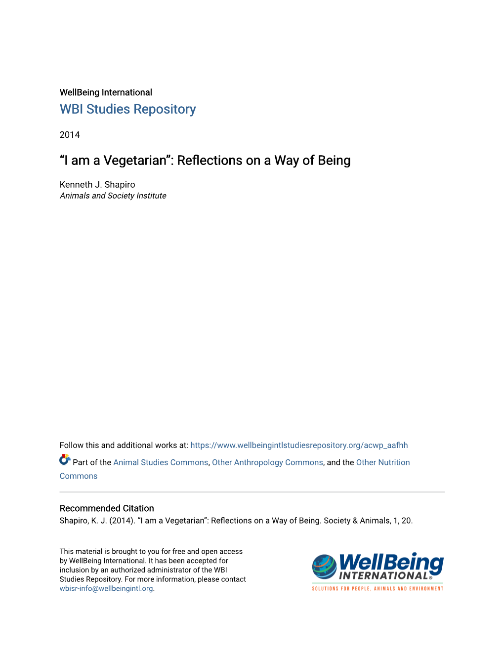 I Am a Vegetarian”: Reflections on a Aw Y of Being