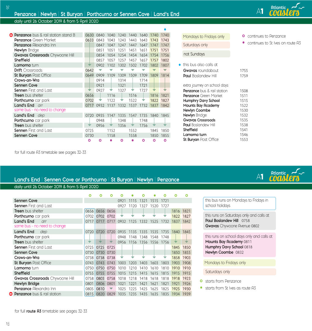 Penzance | Newlyn | St Buryan | Porthcurno Or Sennen Cove | Land’S End A1 Daily Until 26 October 2019 & from 5 April 2020