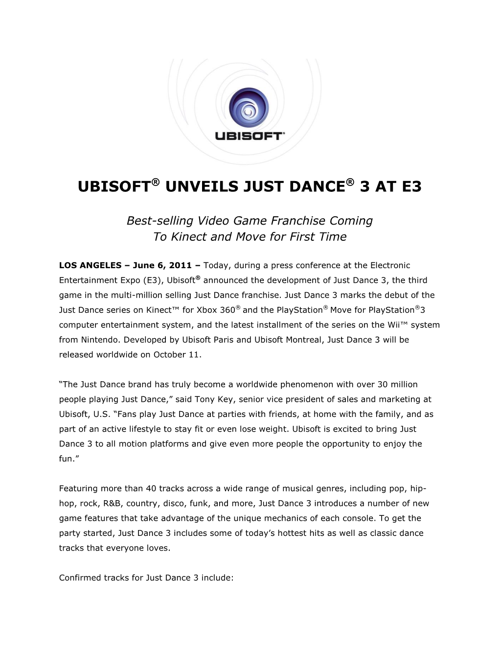 Ubisoft® Unveils Just Dance® 3 at E3