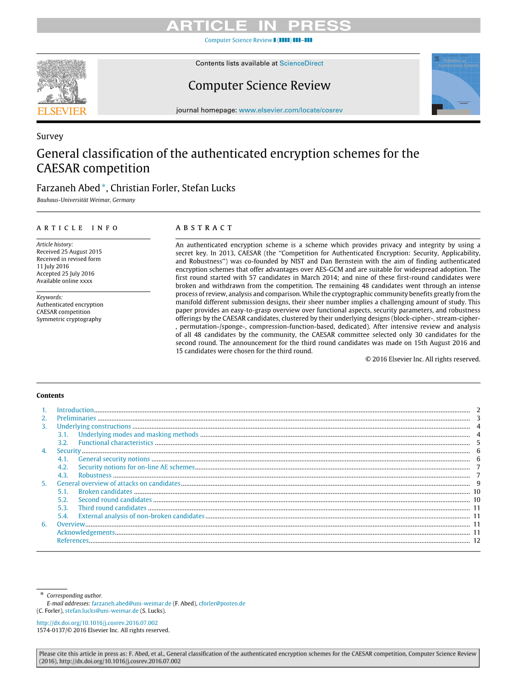 General Classification of the Authenticated Encryption Schemes