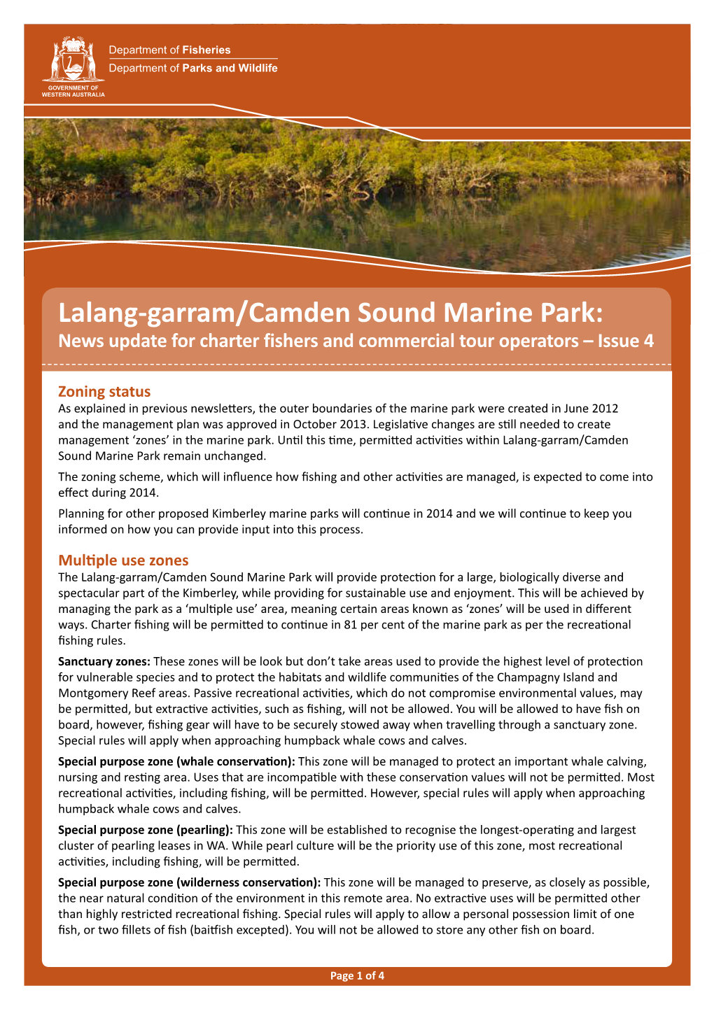 Lalang-Garram/Camden Sound Marine Park: News Update for Charter Fishers and Commercial Tour Operators – Issue 4