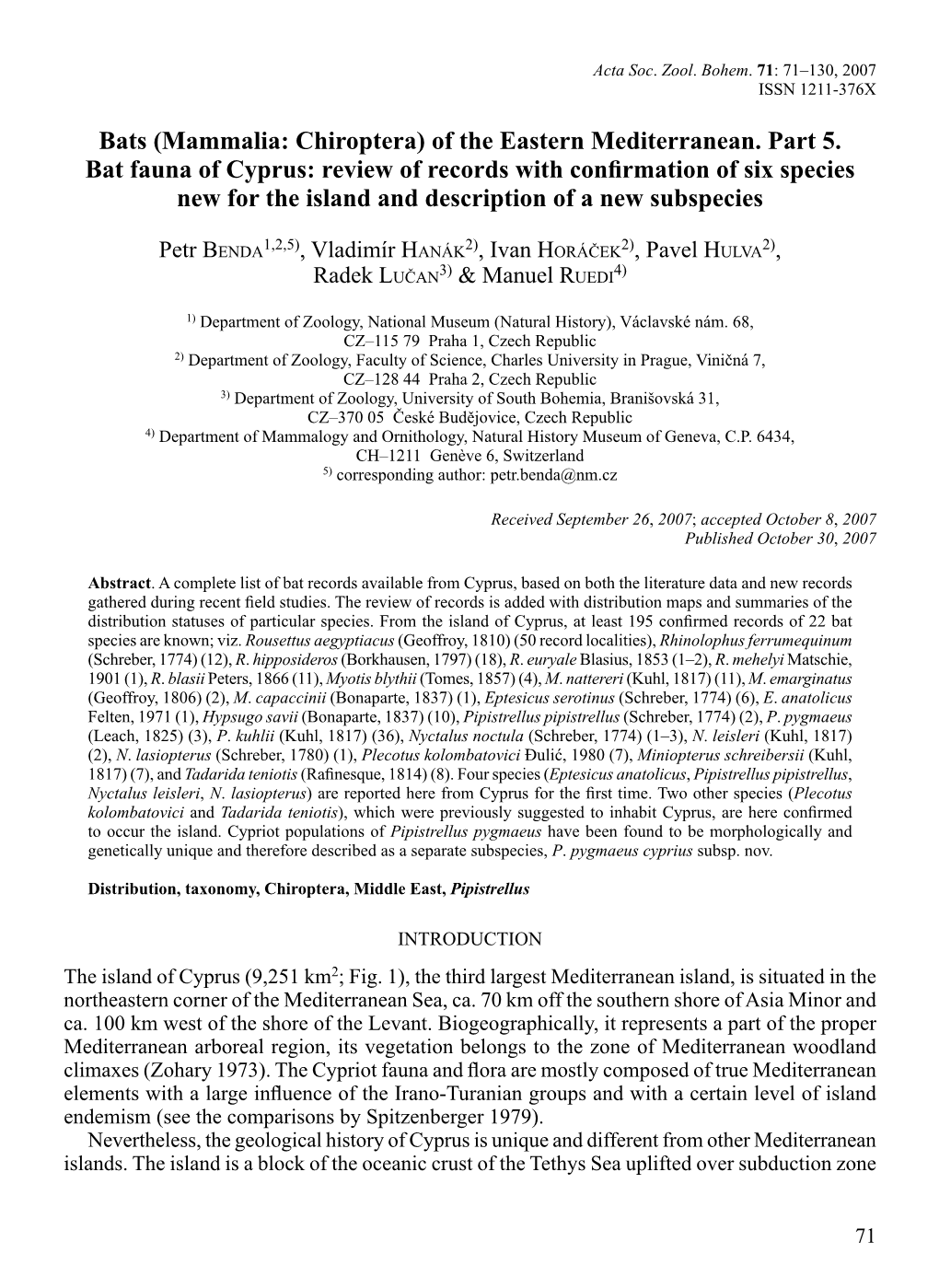 Bats (Mammalia: Chiroptera) of the Eastern Mediterranean. Part 5. Bat