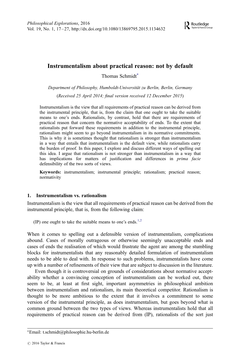 Instrumentalism About Practical Reason: Not by Default ∗ Thomas Schmidt