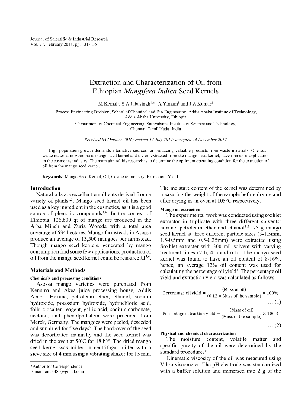 Extraction and Characterization of Oil from Ethiopian Mangifera Indica Seed Kernels