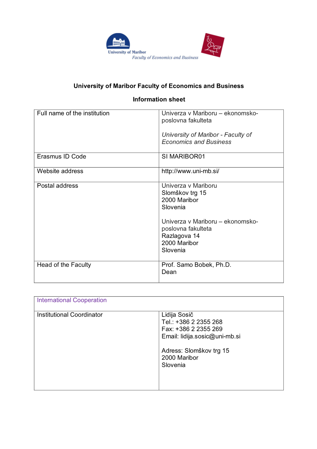 University of Maribor Faculty of Economics and Business