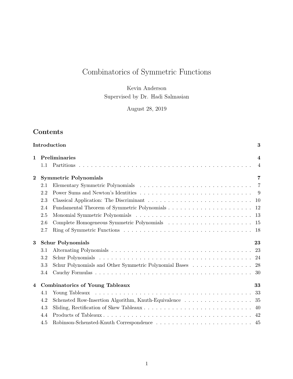 Combinatorics of Symmetric Functions