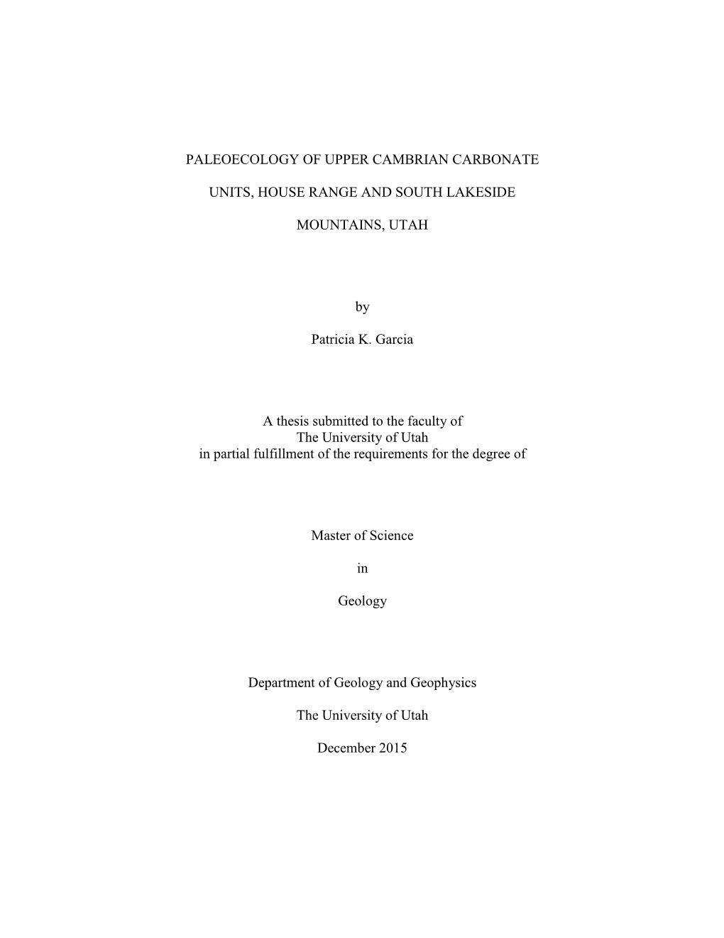 Paleoecology of Upper Cambrian Carbonate Units in the House Range and South Lakeside Mountains, Utah