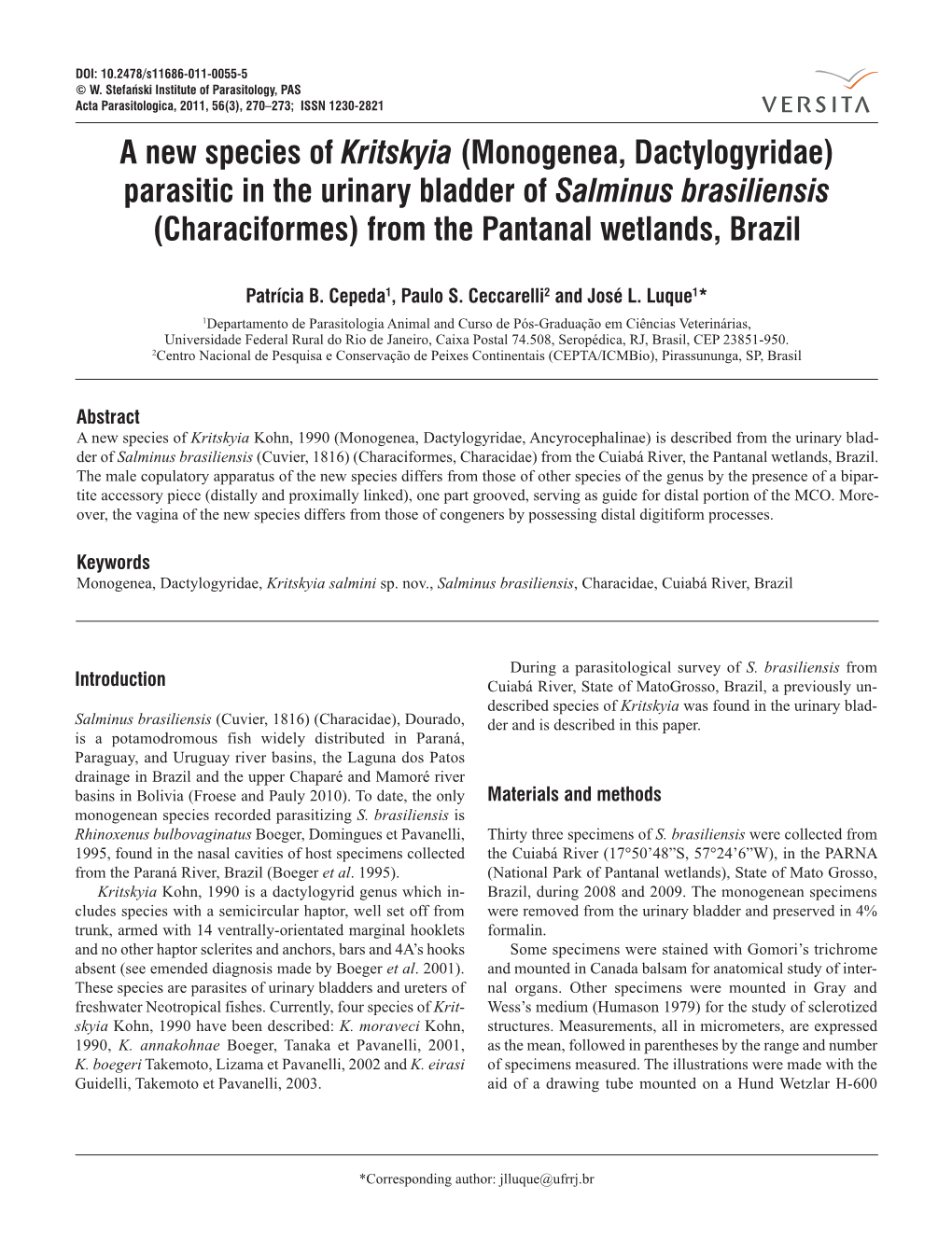 Parasitic in the Urinary Bladder of Salminus Brasiliensis (Characiformes) from the Pantanal Wetlands, Brazil