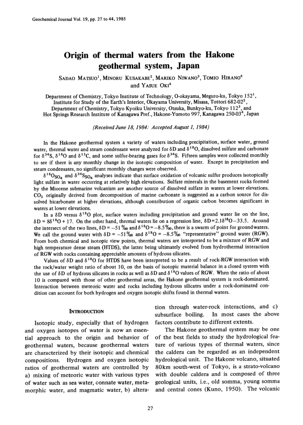 Origin of Thermal Waters from the Hakone Geothermal System, Japan