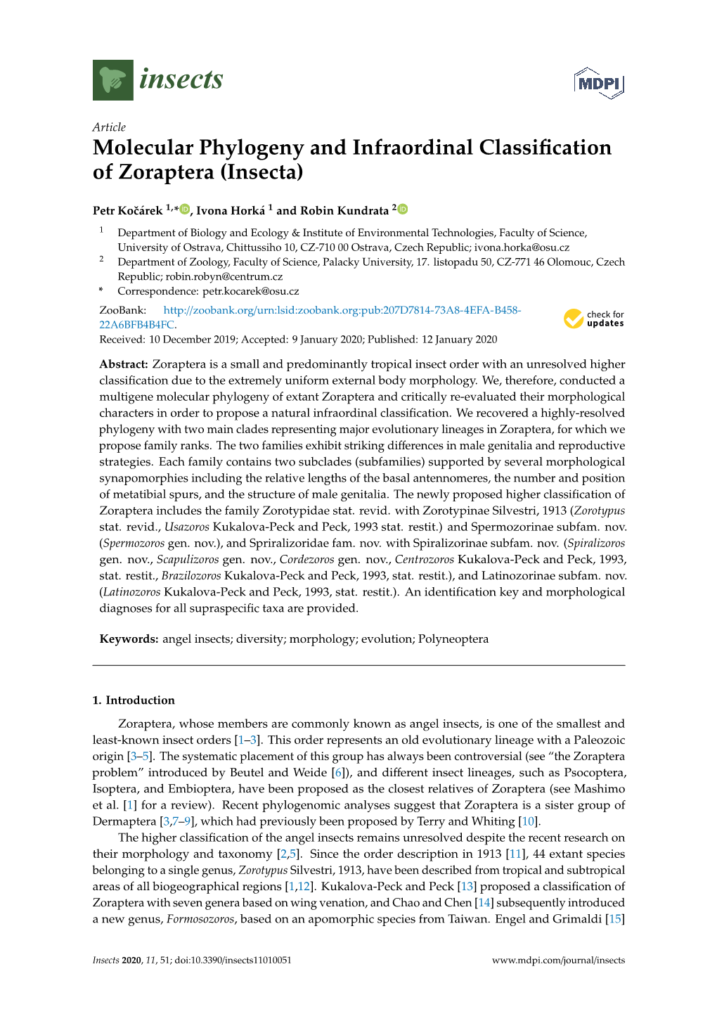 Molecular Phylogeny and Infraordinal Classification of Zoraptera (Insecta)