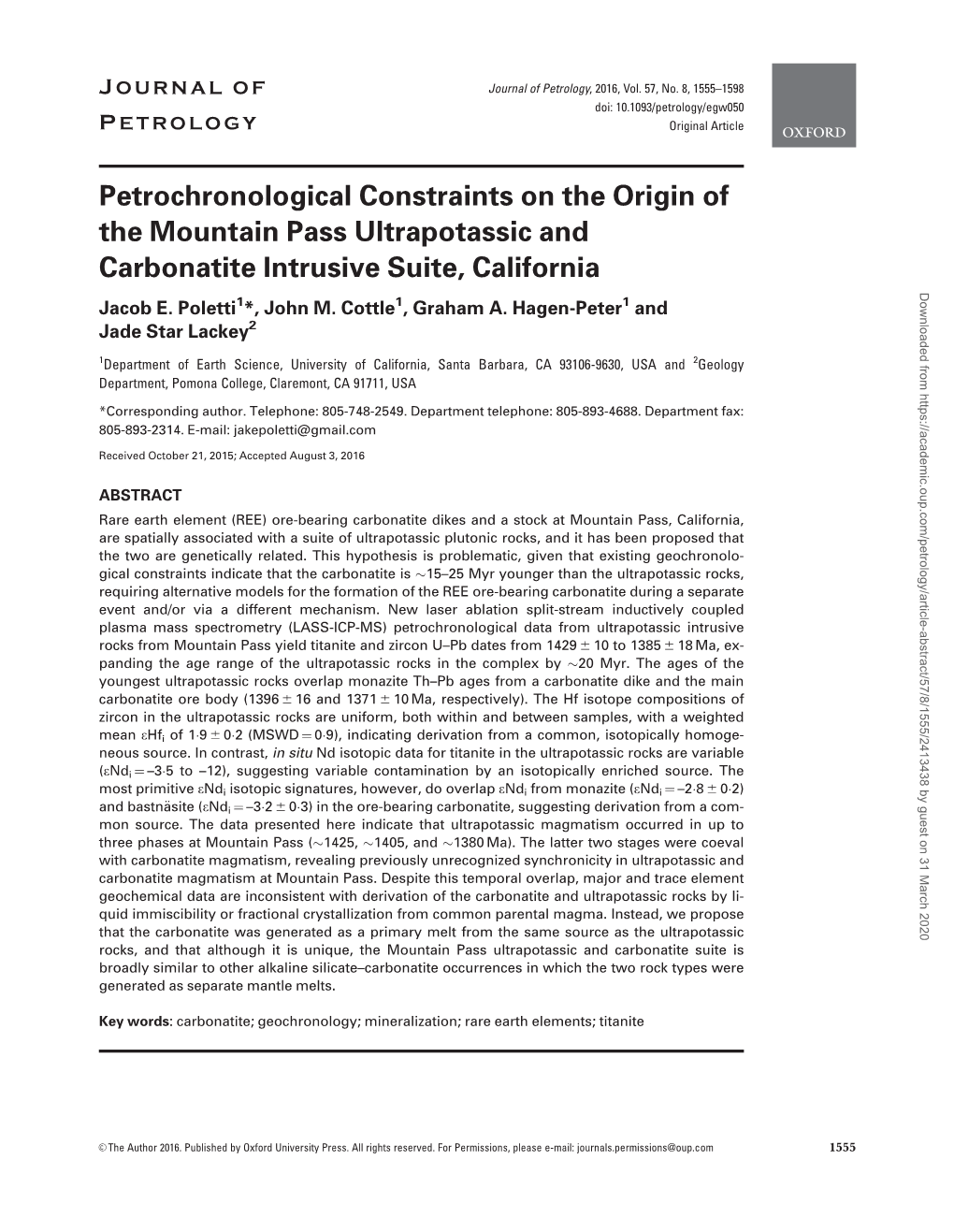 Petrochronological Constraints on the Origin of the Mountain Pass Ultrapotassic and Carbonatite Intrusive Suite, California