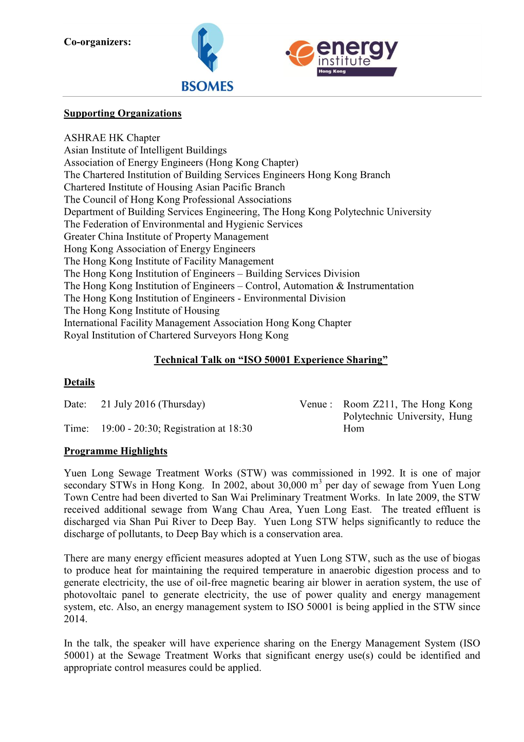 Technical Talk on ISO 50001 Experience Sharing on 2016-07